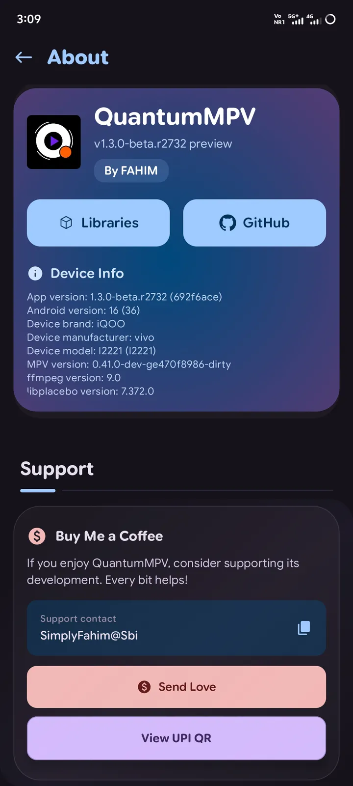 QuantumMPV About screen showing app version, device info and support options